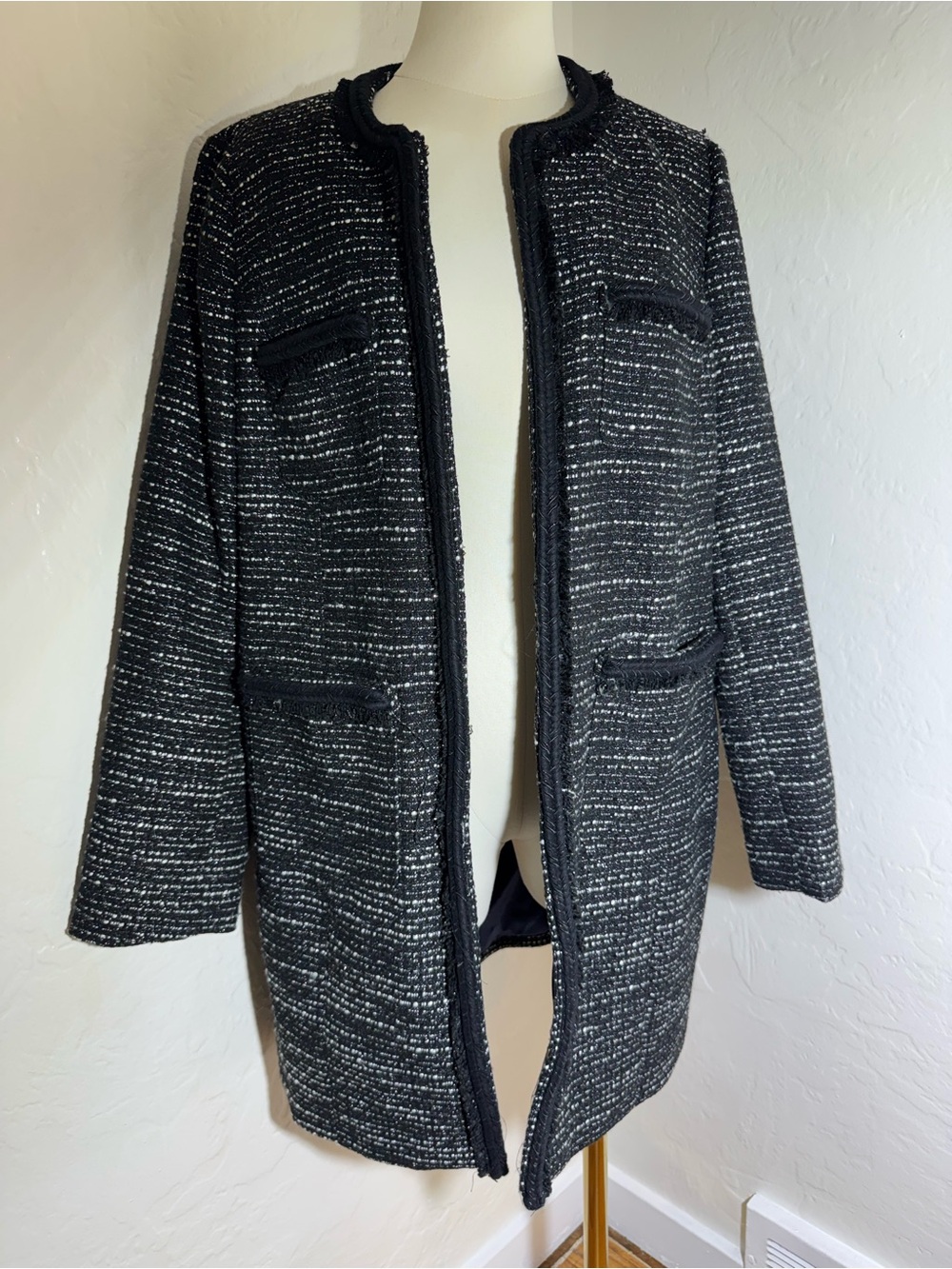 J.Crew Black and White Tweed Jacket with Gold Chain Trim